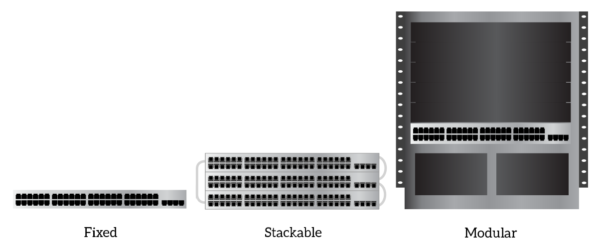 Network device form factor: switch in fixed configuration, stackable or modular configuration