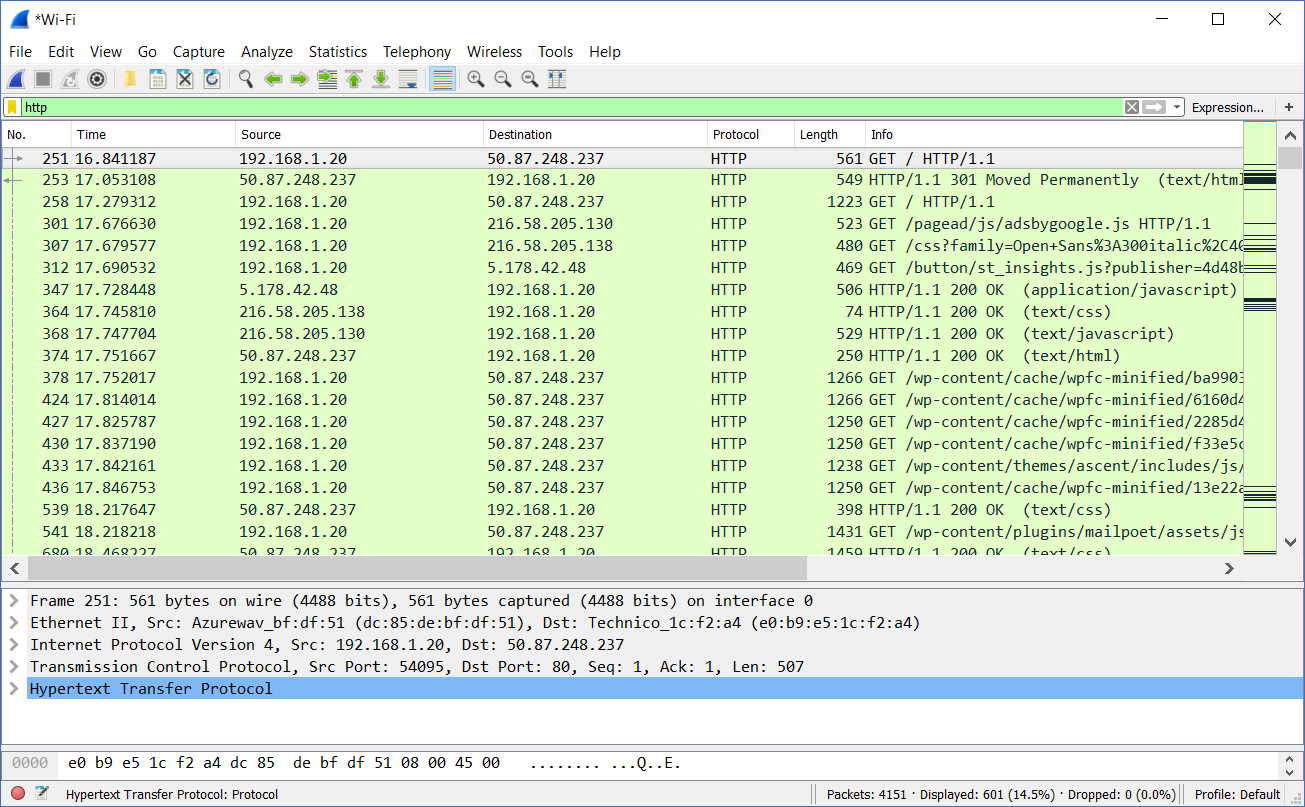 Filter for HTTP traffic to follow TCP streams and debug applications with wireshark tools and options