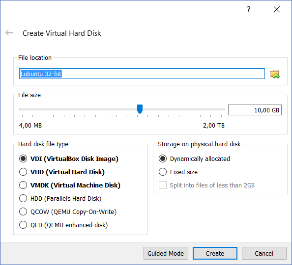 Create a VirtualDisk in Oracle VirtualBox by using the default settings.