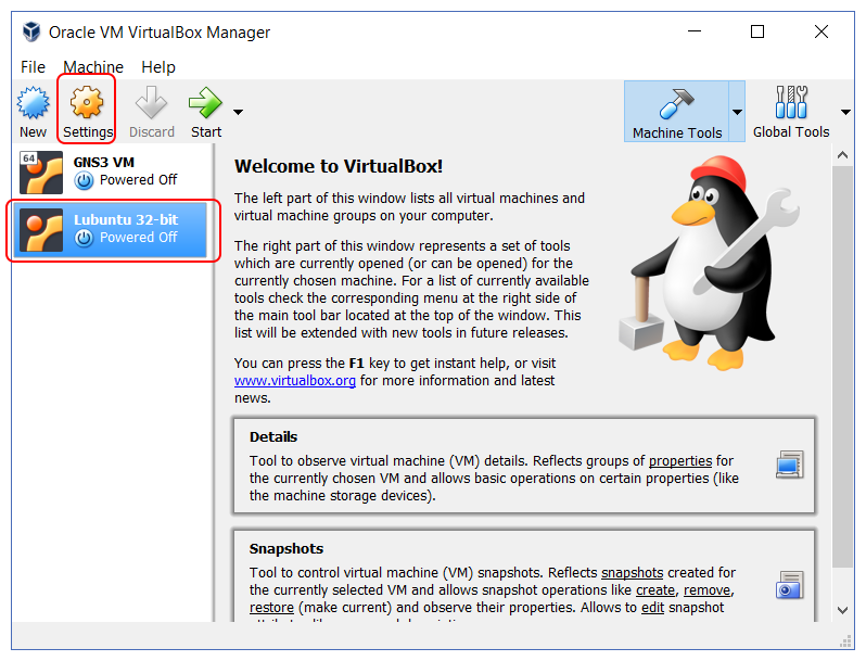 Edit VM settings in VirtualBox to add VMs in GNS3