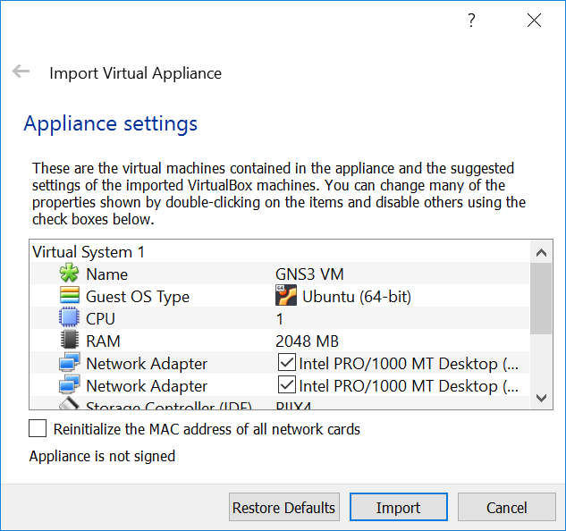 Import the GNS3 VM in VirtualBox is an easy step (screenshot)