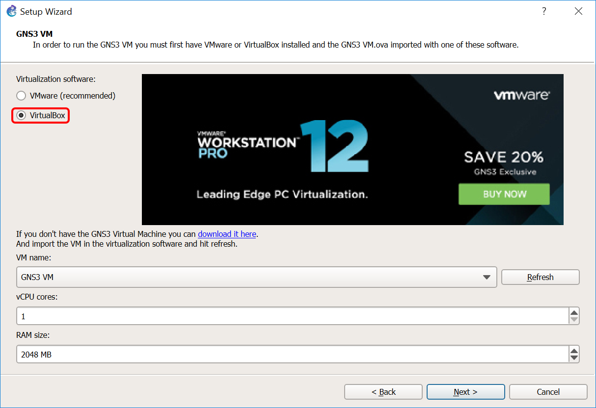 Associate GNS3 with the GNS3 VM in VirtualBox by following the Setup Wizard.