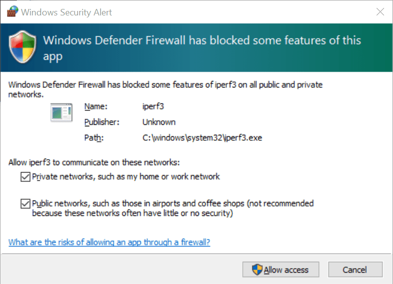 If you want to learn how to use iperf, on Windows you will first need to enable it on Windows Defender Firewall.