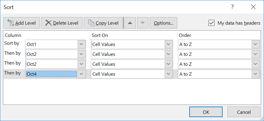 Excel custom sort configuration