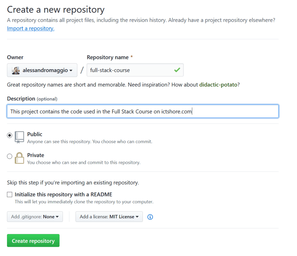 How to set up a full stack project using GitHub.com, start by creating a new repository