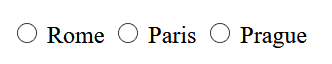 HTML input type radio with three cities as options: Rome, Paris, Prague. Learn how to create HTML forms with radio inputs in this HTML tutorial.