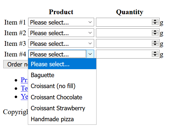 Example of HTML form to order some food for a pretend online bakery
