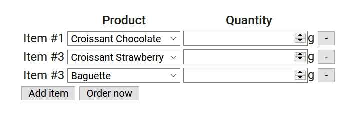 The final result of our JavaScript event assignment, a form to add and remove items