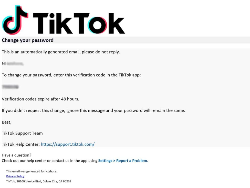 This is the original TikTok email created when resetting the password