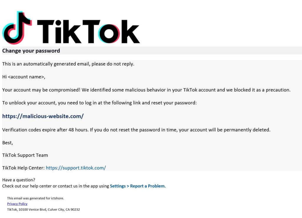This is a phishing email crafted by a TikTok hacker