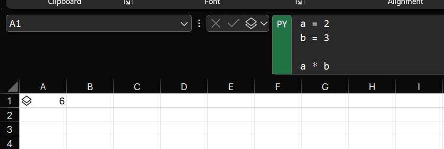 Some example Python in Excel code assigning two variables and multiplying them with each other