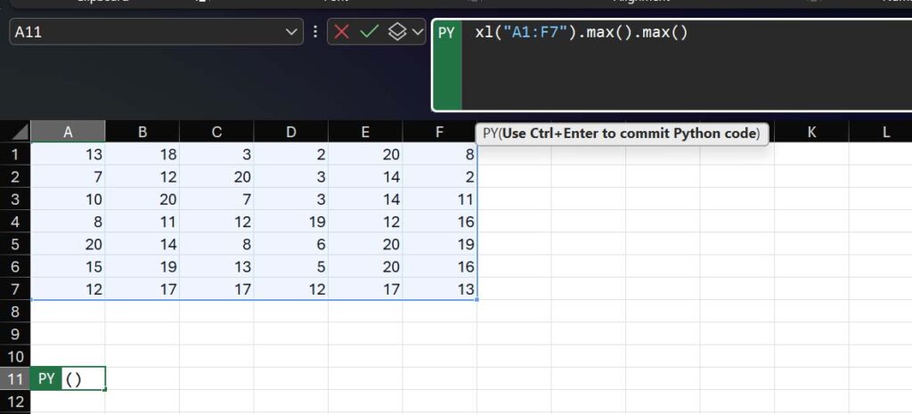 We can also use xl in python in Excel to select a larger range and get the max (or other variables)