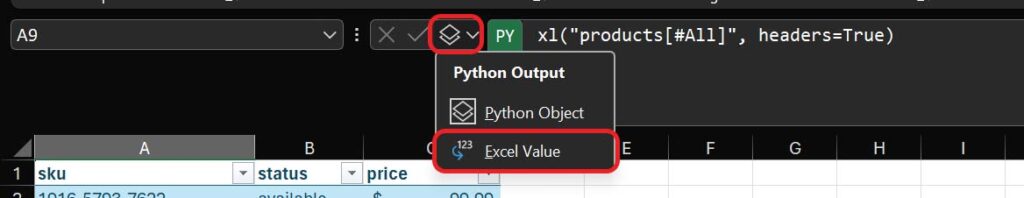 Change output to Excel value from Python object