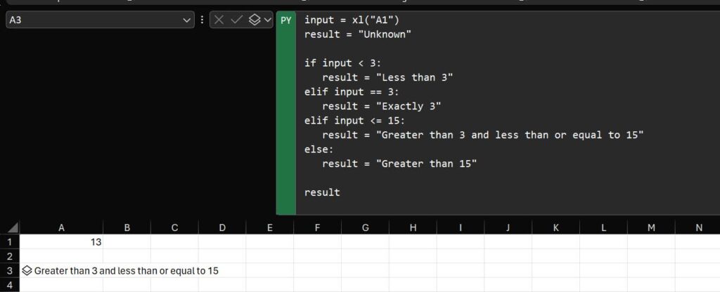 Use elif in Python in Excel to check for multiple conditions
