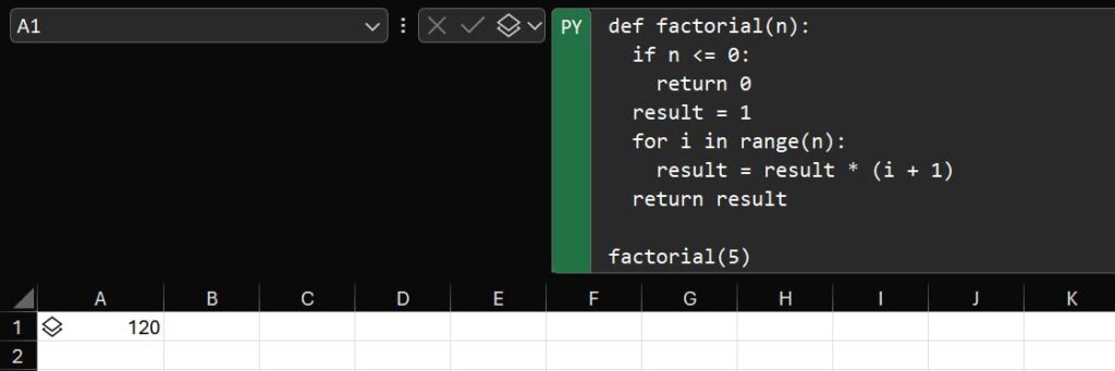 A function written inside Python in Excel to compute the factorial