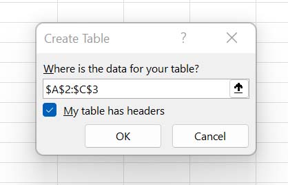 Select that your table in Excel has headers